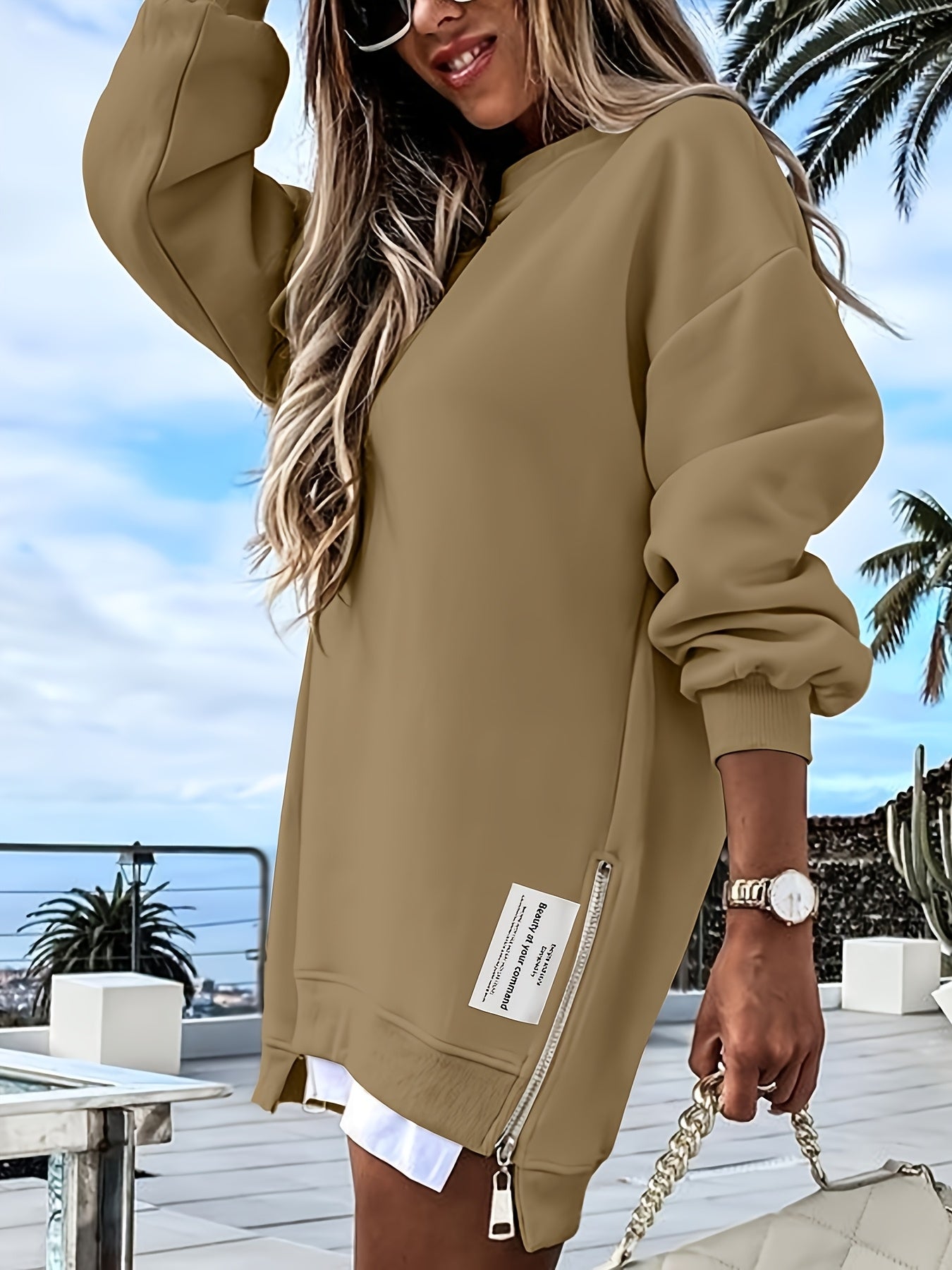 Zipper Embellished Crew Neck Sweatdress