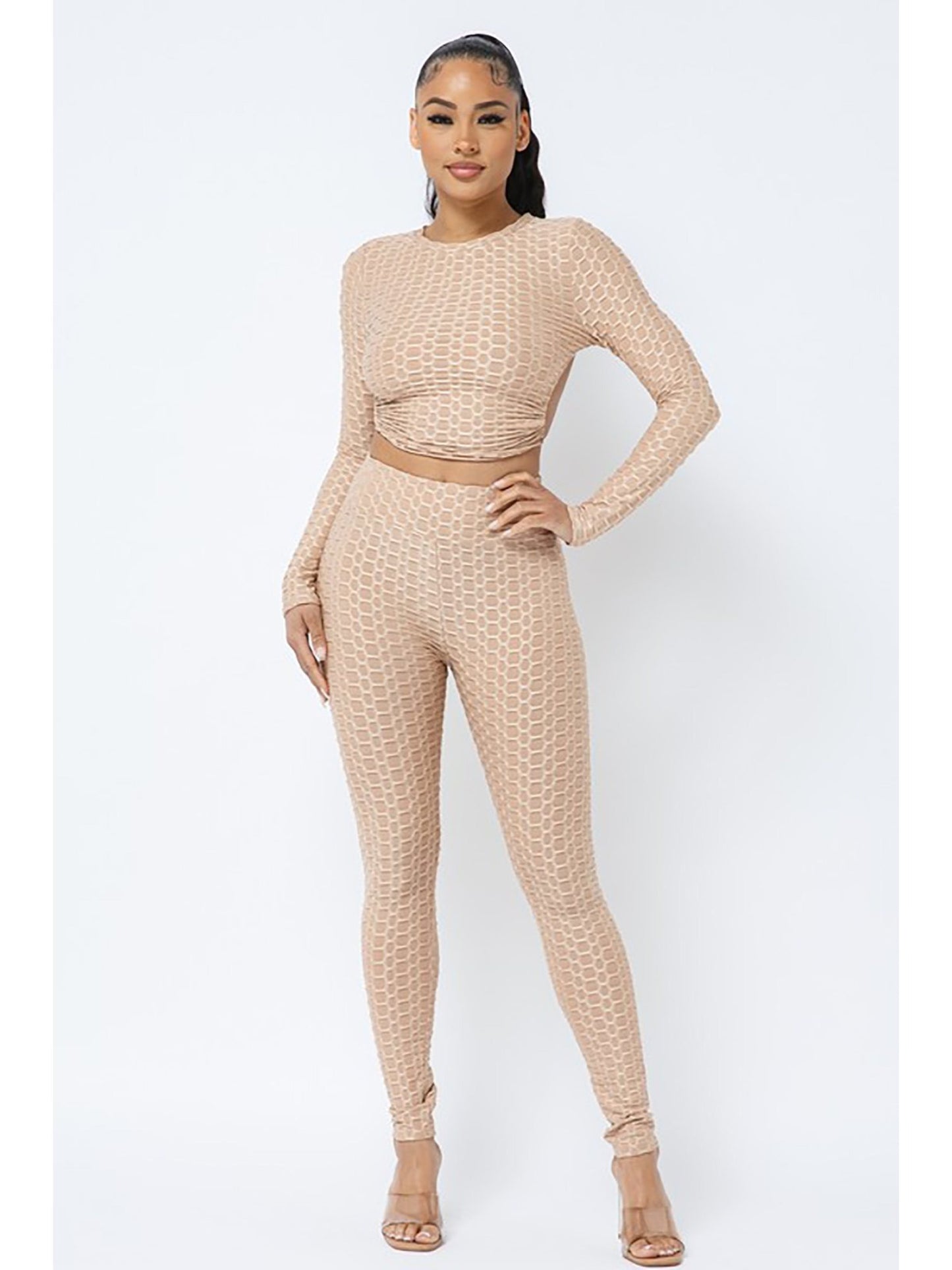 Women's 3-Pack  Open Tie Up Back Backless Jacquard Honeycomb Textured Long Sleeve Workout Set