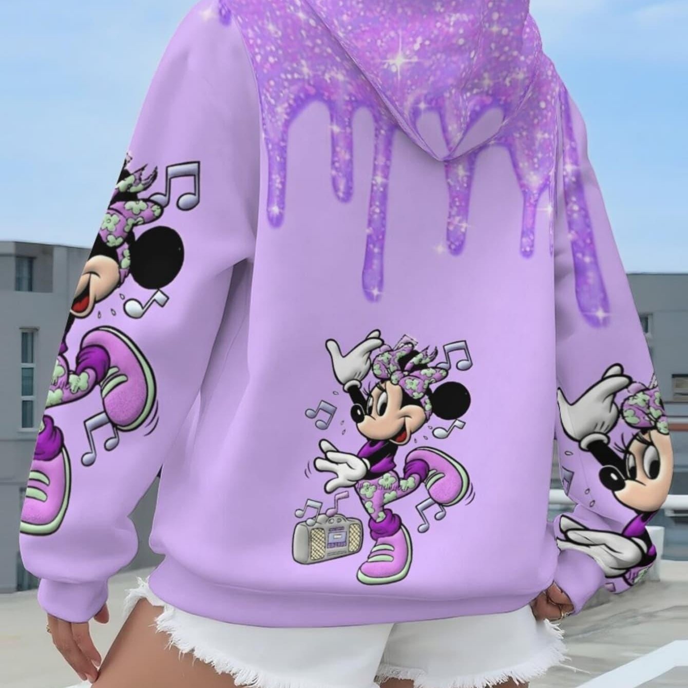 Women's Hoodie - Shiny Purple with Minnie Mouse & Musical Notes
