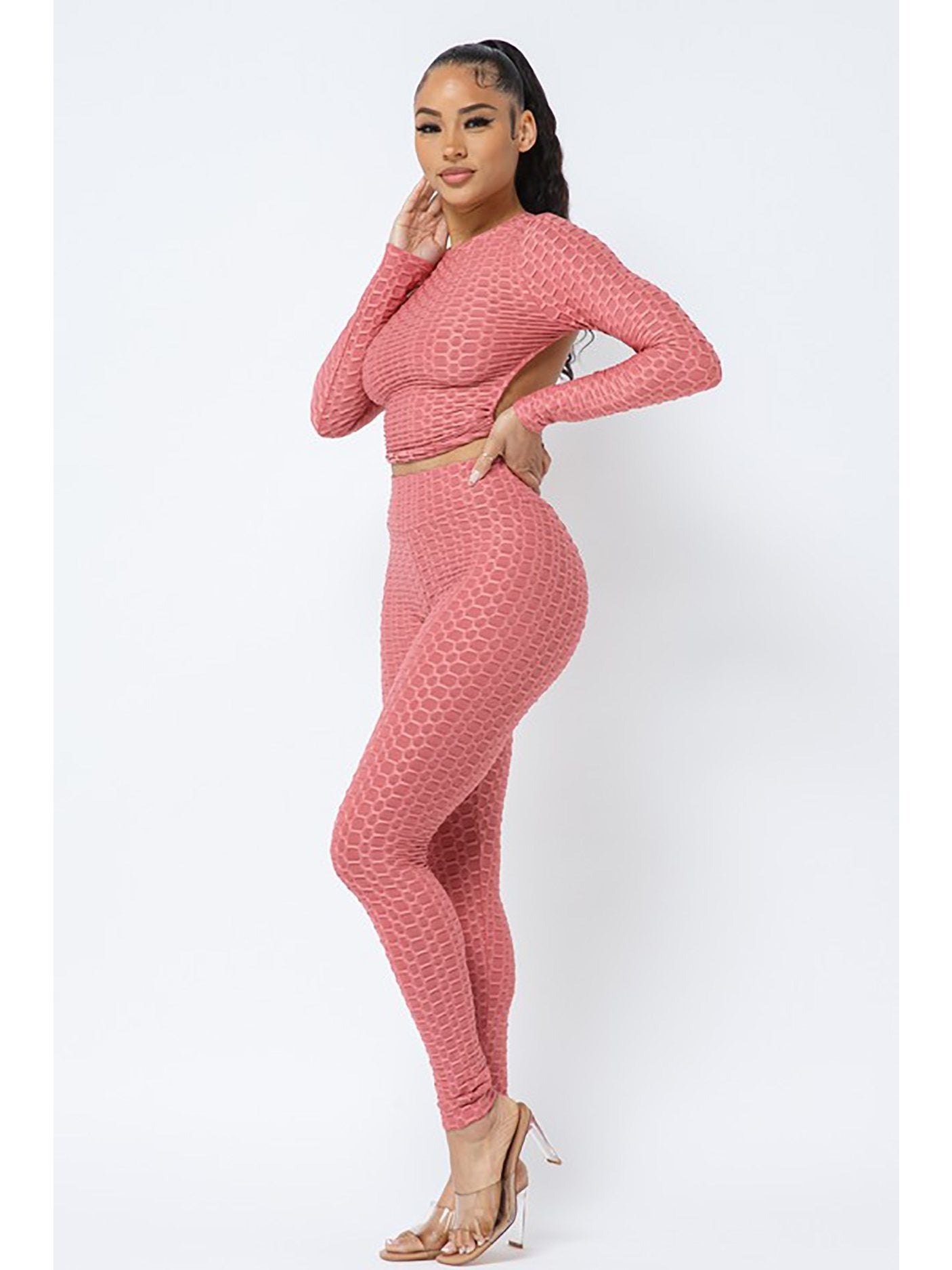 Women's 3-Pack  Open Tie Up Back Backless Jacquard Honeycomb Textured Long Sleeve Workout Set