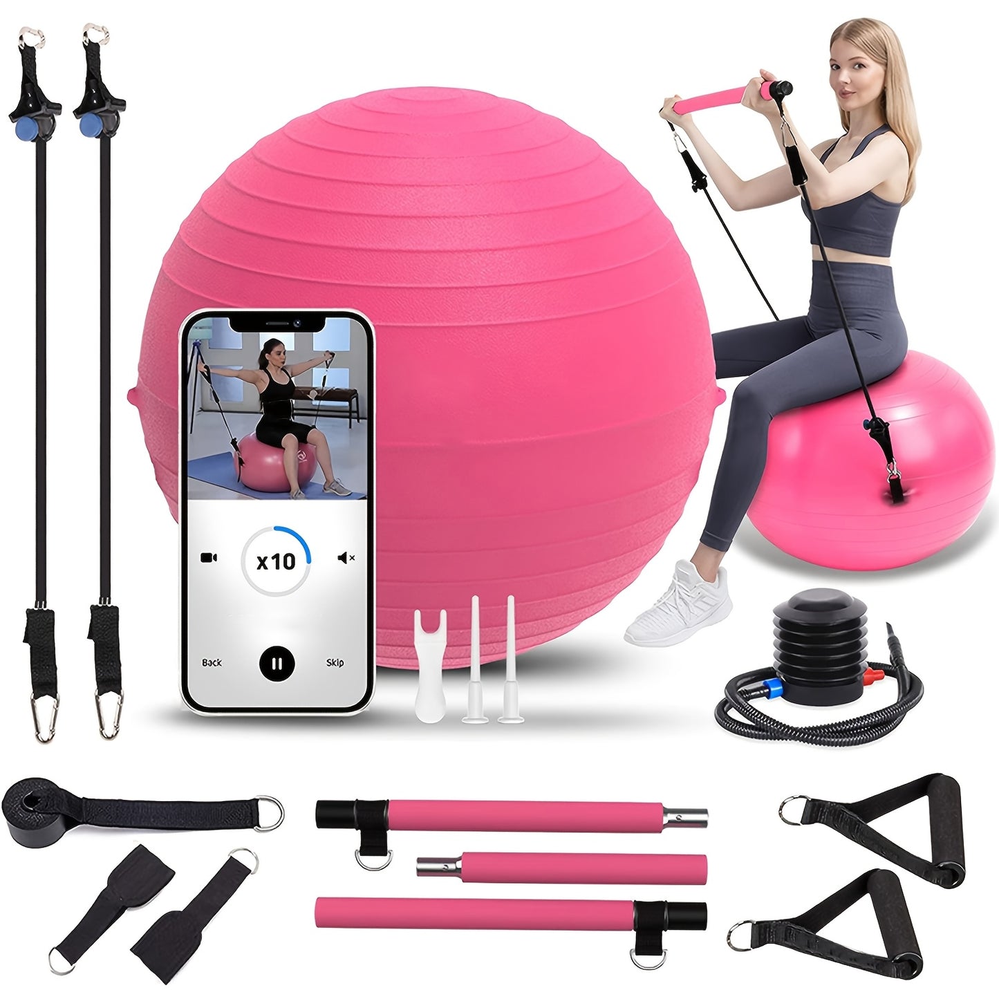 Complete Pink Pilates Bar Kit with 26.5" Exercise Ball