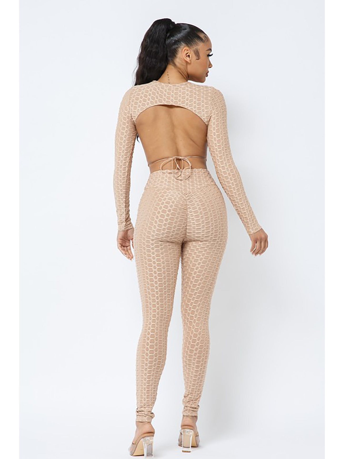 Women's 3-Pack  Open Tie Up Back Backless Jacquard Honeycomb Textured Long Sleeve Workout Set