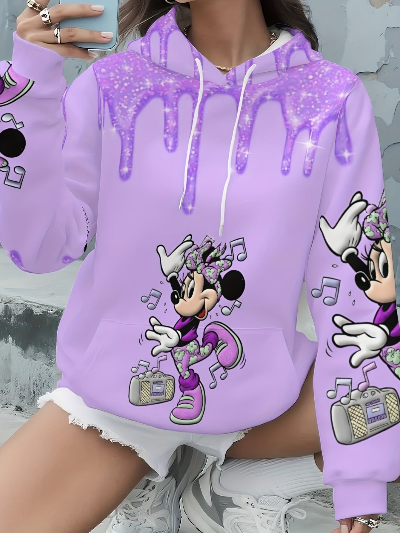 Women's Hoodie - Shiny Purple with Minnie Mouse & Musical Notes