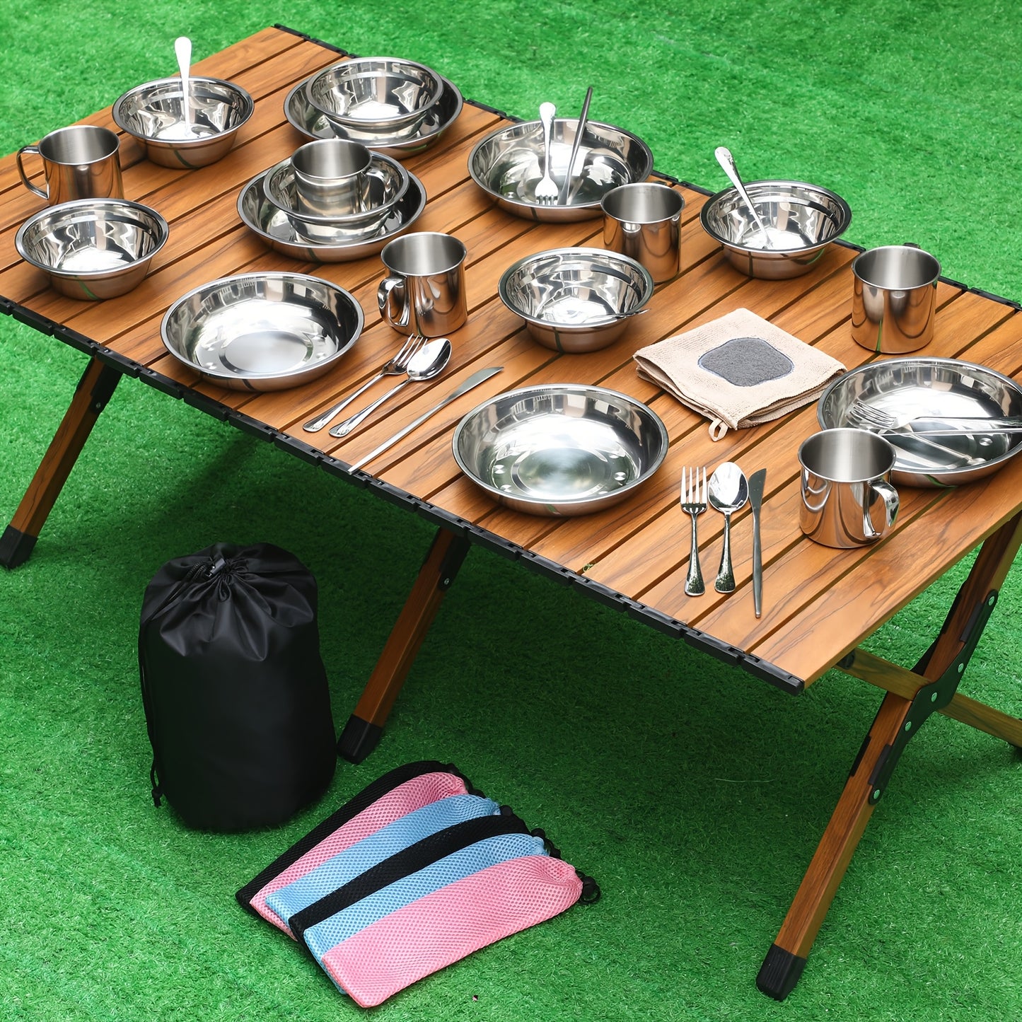 44pcs Polished Stainless Steel Outdoor Camping Cookware