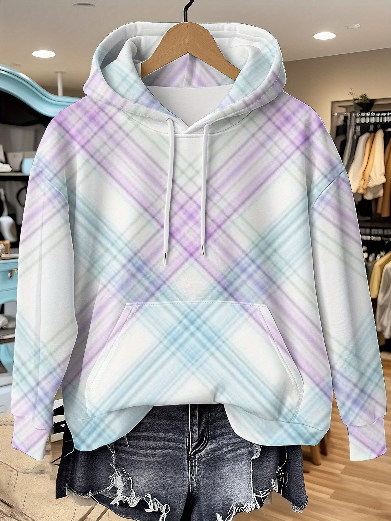 Women's Gradient Purple Blue Plaid Print Hooded Sweatshirt