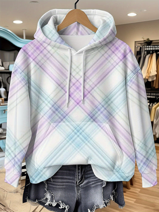 Women's Gradient Purple Blue Plaid Print Hooded Sweatshirt