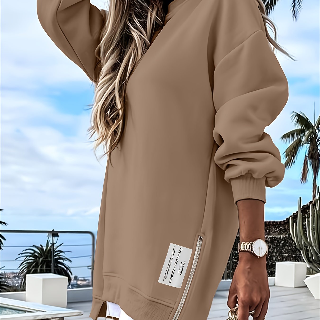 Zipper Embellished Crew Neck Sweatdress