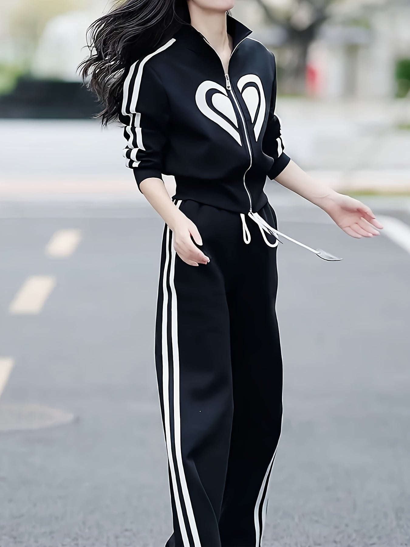 New Casual Sportswear Two Sets Of Wide-leg Pants Zipper Top