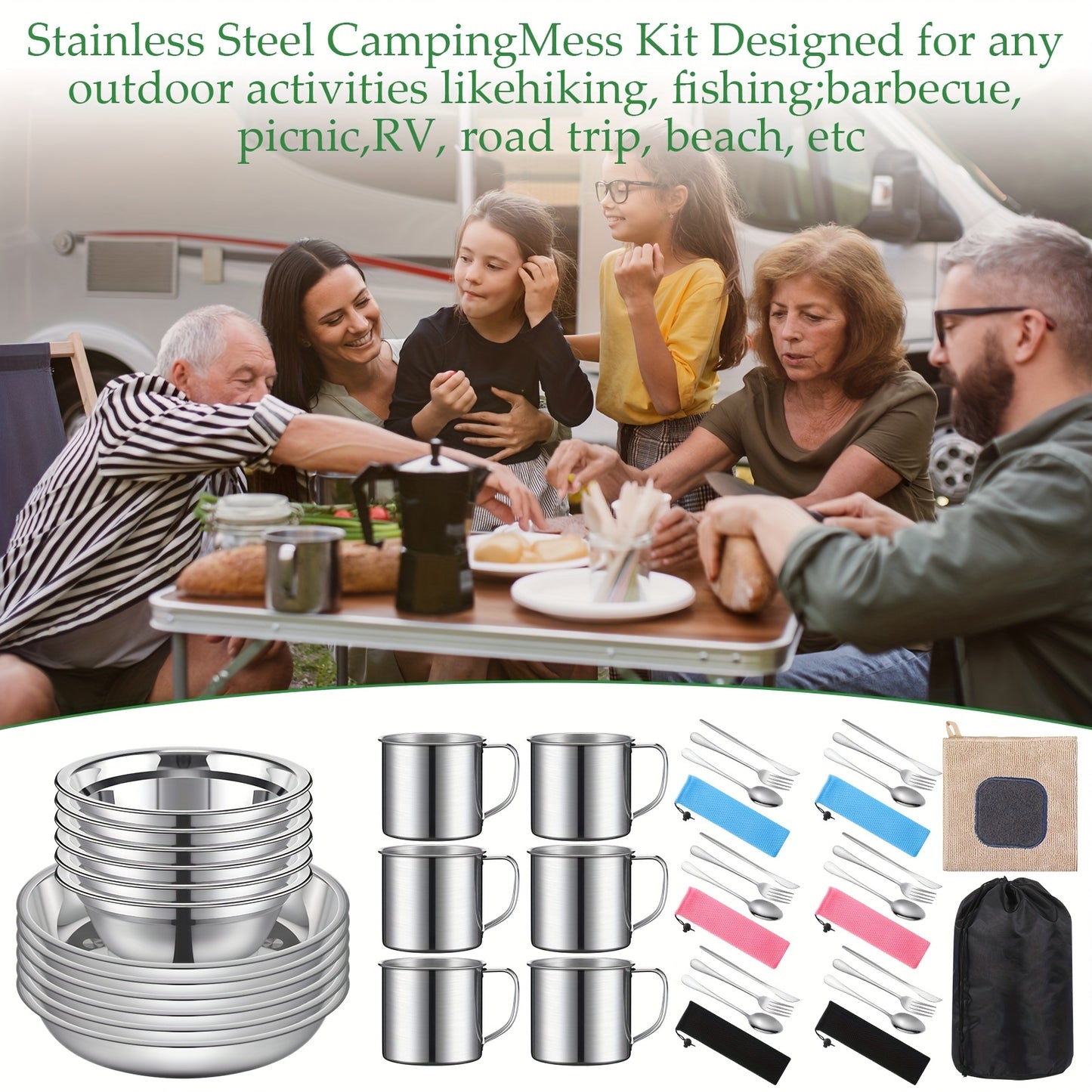 44pcs Polished Stainless Steel Outdoor Camping Cookware